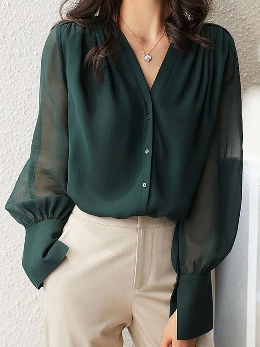 Elegant V-Neck Blouse with Sheer Sleeves