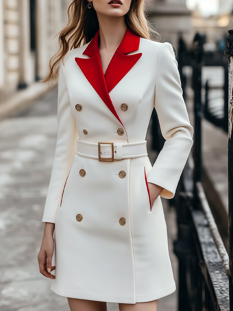 Chic White Mini Dress with Red Lapel