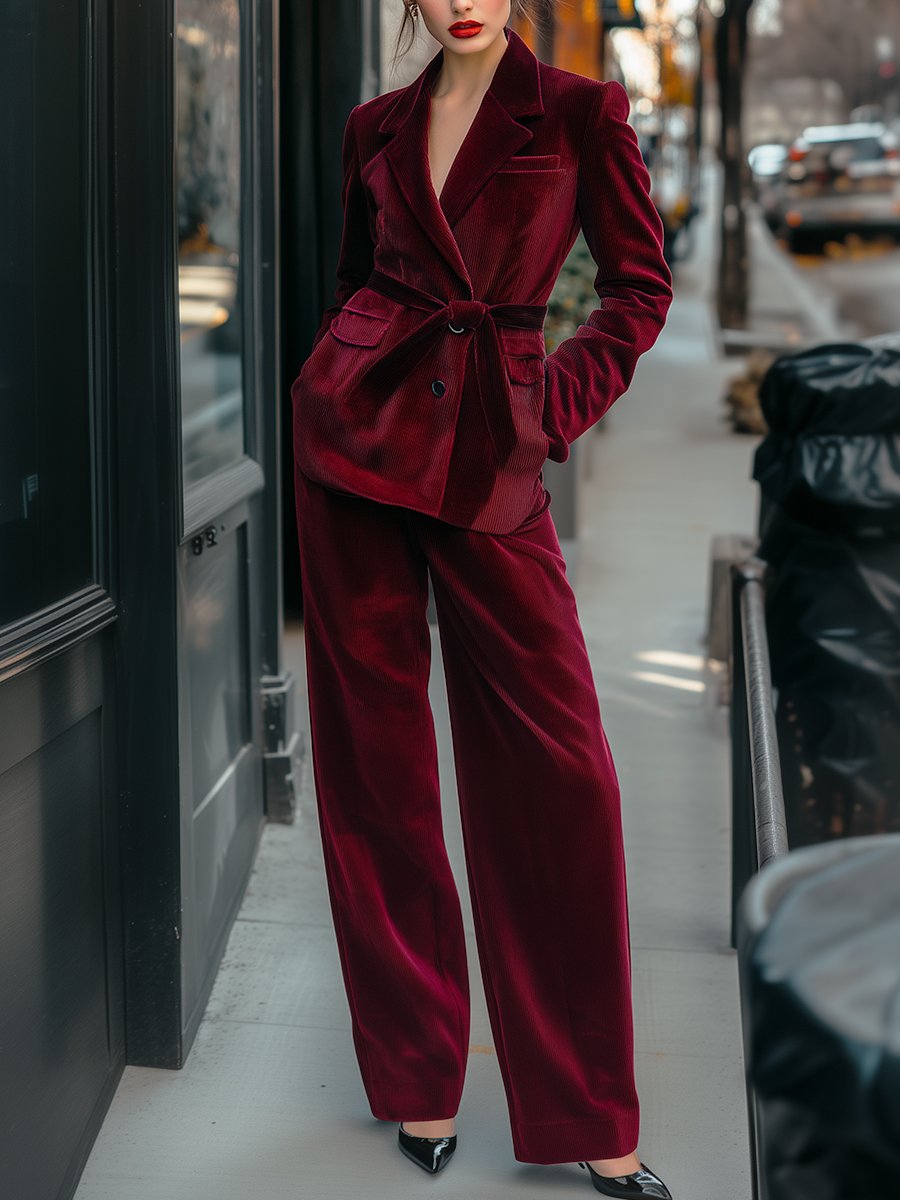 Luxurious Wine Red Corduroy Suit with a Bold Belted Waist