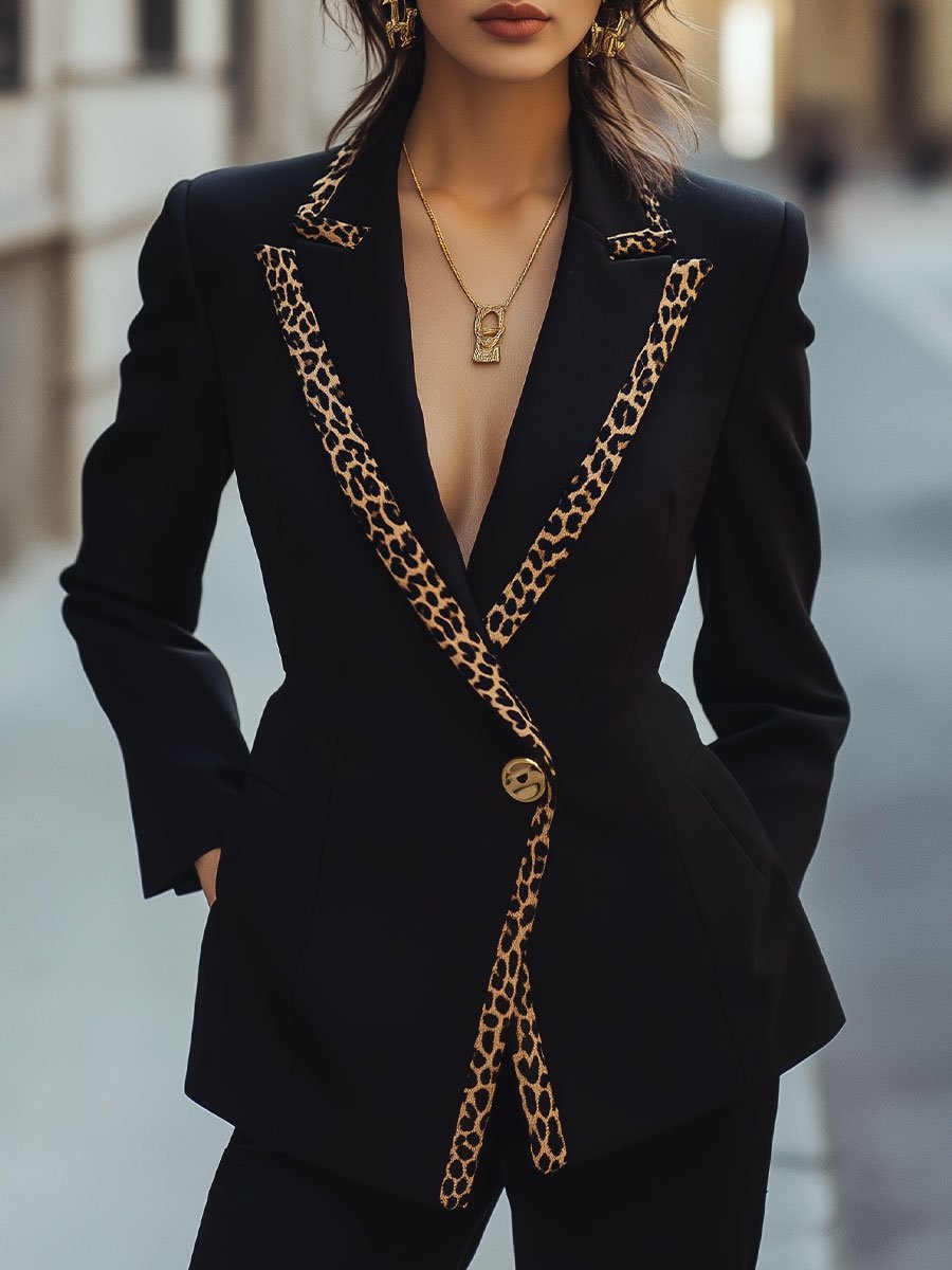 Chic Black Blazer with Leopard-Print Trim