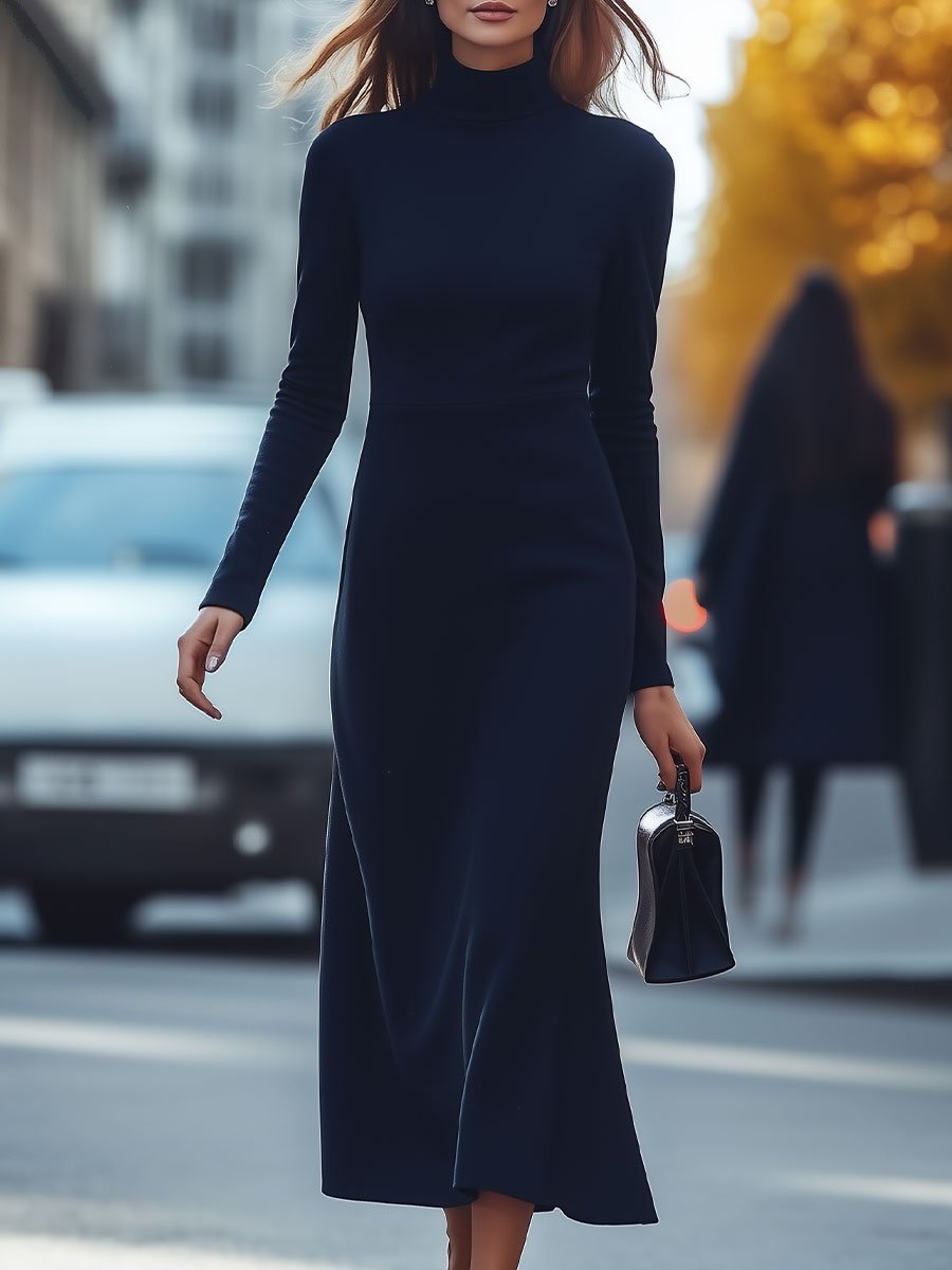 Elegant Navy Turtleneck Midi Dress