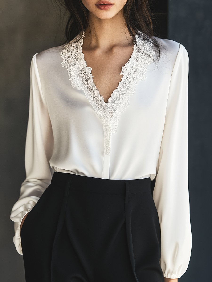 Elegant White Satin Blouse with Lace Trim