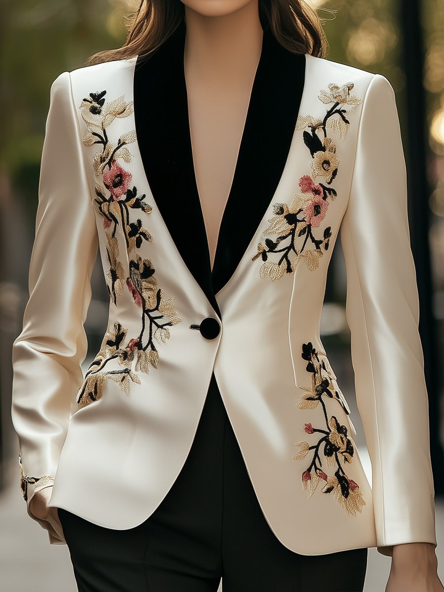 Elegant Ivory Satin Blazer with Gold and Pink Floral Embroidery