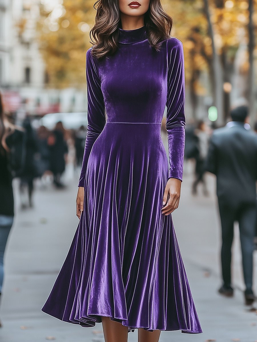 Elegant Purple Velvet Dress with Classic High Neck