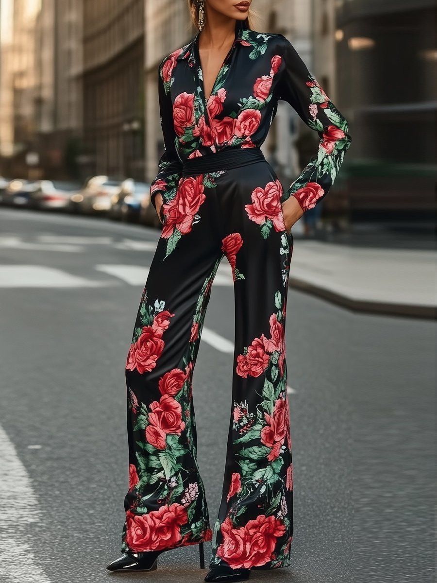 Satin Floral Print Set with Rose Patterns