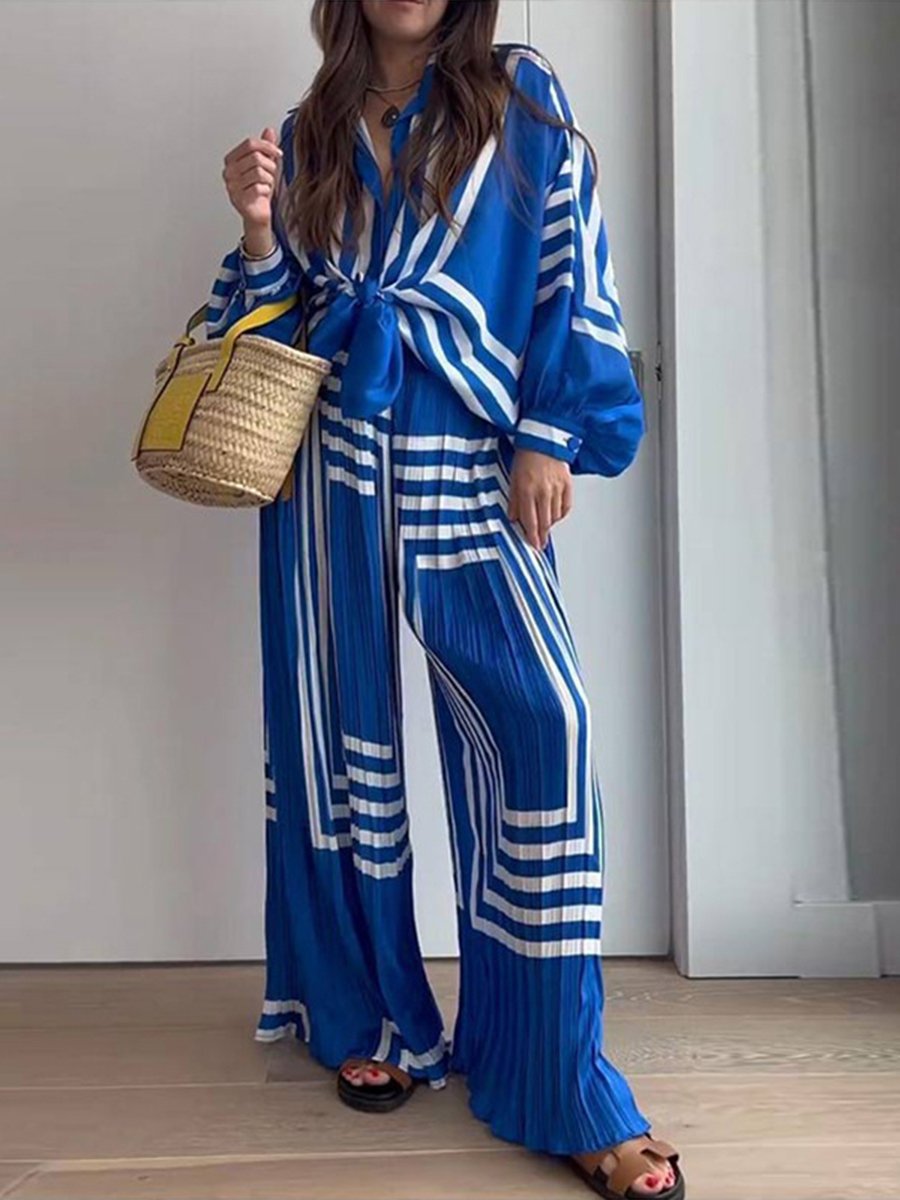 Stylish Printed Striped Shirt Pleated Straight Wide-Leg Pants Set