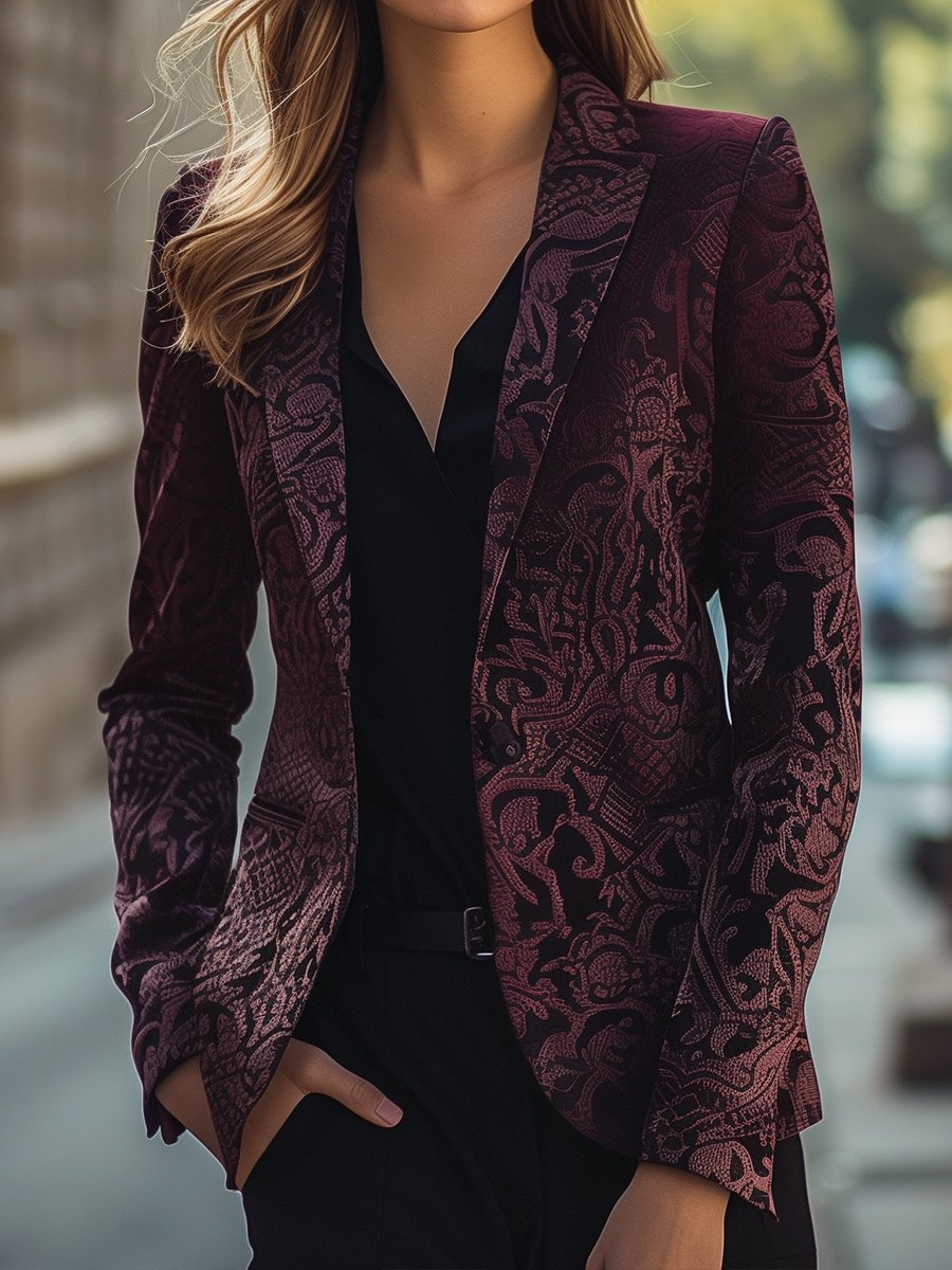 Noble Burgundy Jacquard Satin Blazer