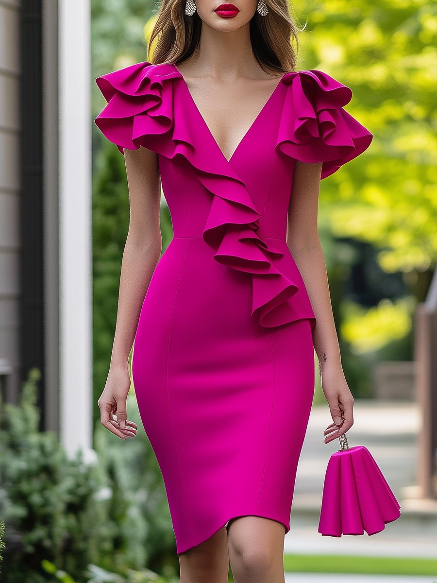 Fuchsia Ruffle-Shoulder Bodycon Dress