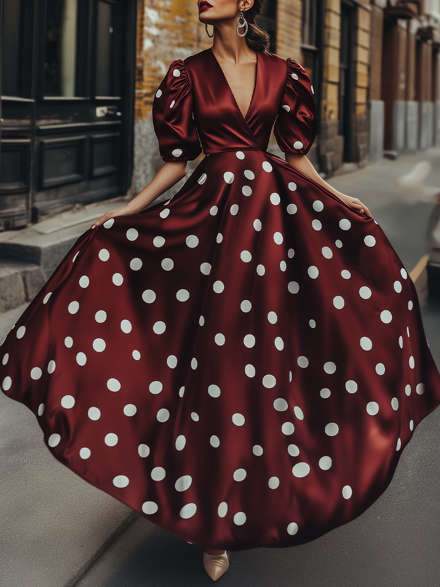 Elegant Burgundy Polka Dot Puff Sleeve Maxi Dress