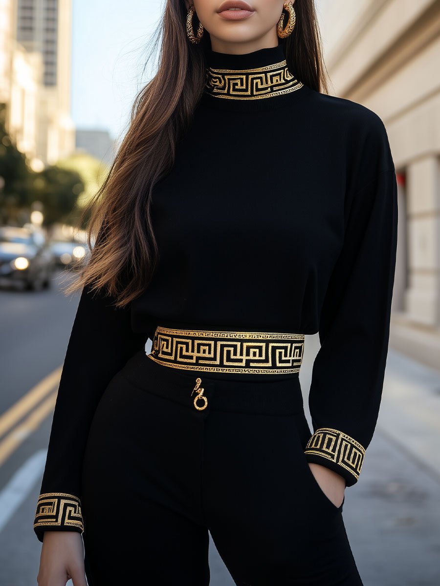 Chic Black T-shirt with Golden Greek Key Accents