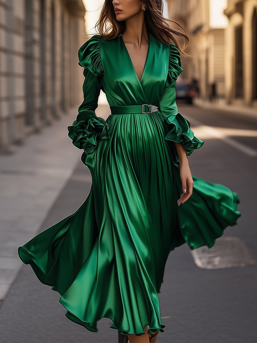 Flowy Pleated Emerald Satin Dress with Statement Sleeves