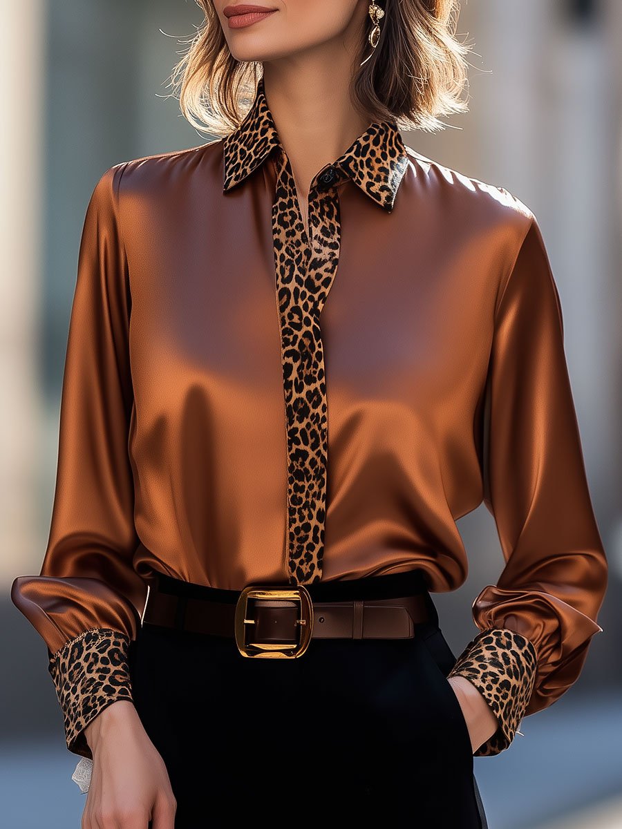 Chic Brown Satin Top with Leopard Print Collar and Cuffs