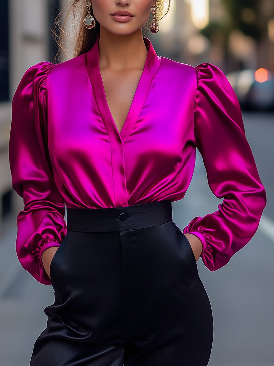 Elegant Fuchsia Satin Blouse with Puff Sleeves and Deep V-Neck