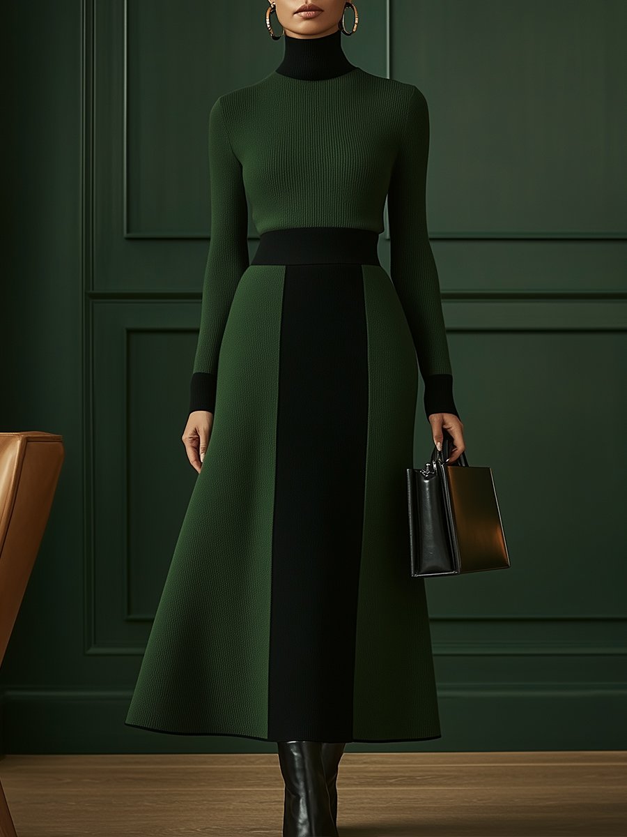 Chic Green and Black Knit Midi Dress with Turtleneck Style