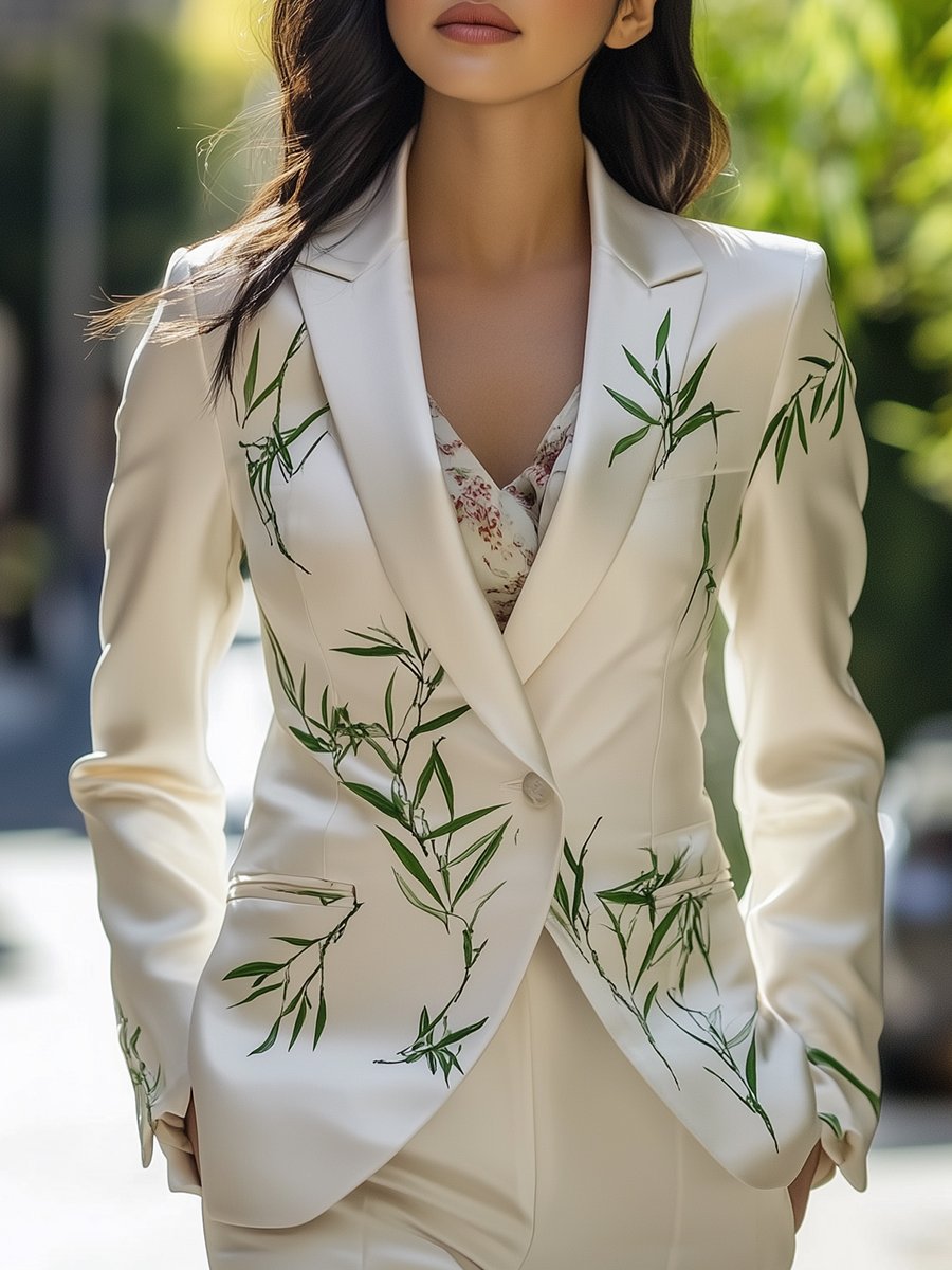 Minimalist Satin Blazer with Delicate Bamboo Leaf