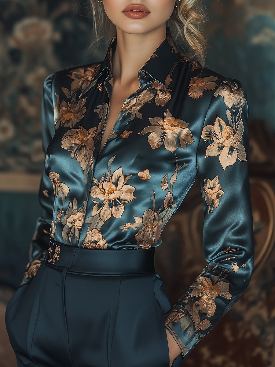 Golden Lotus Floral Satin Printed Blouse