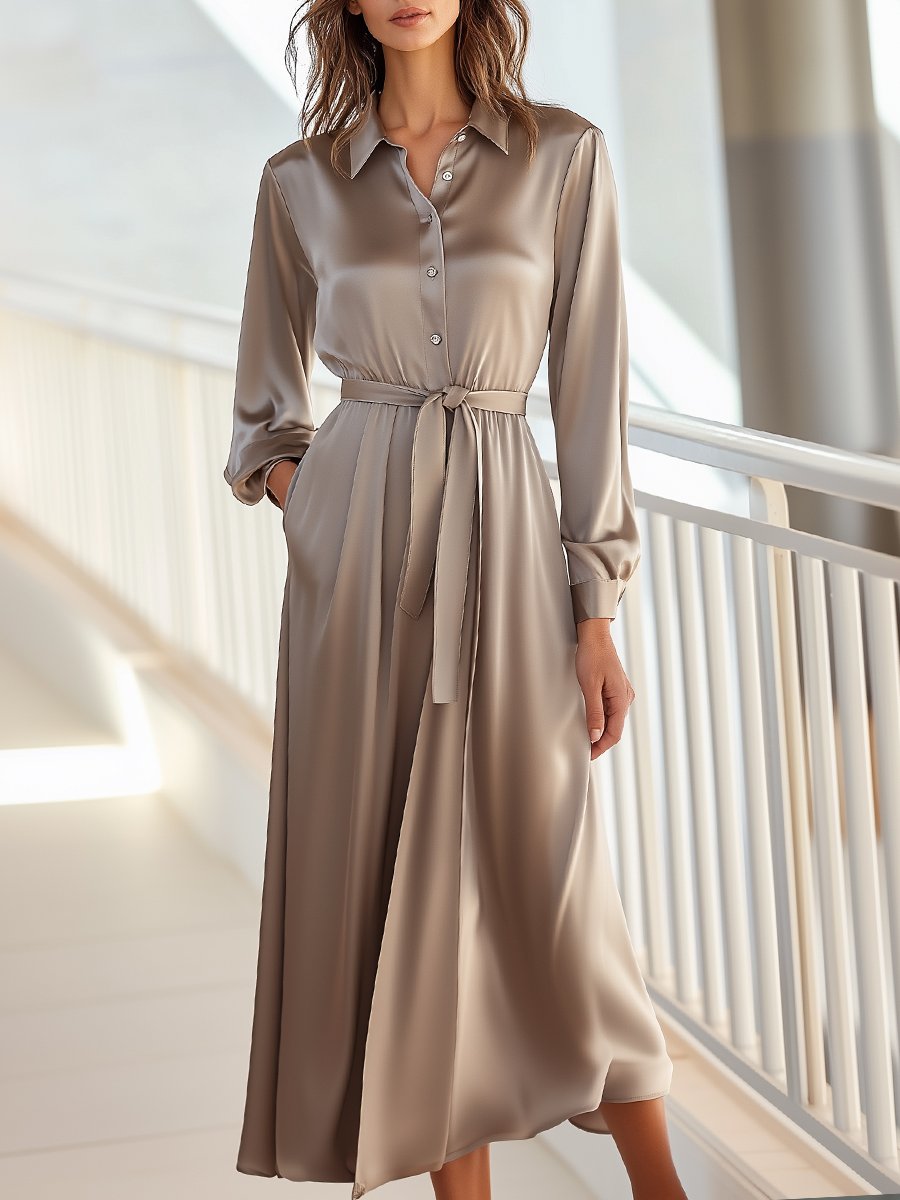 Sophisticated Champagne Satin Shirt Dress