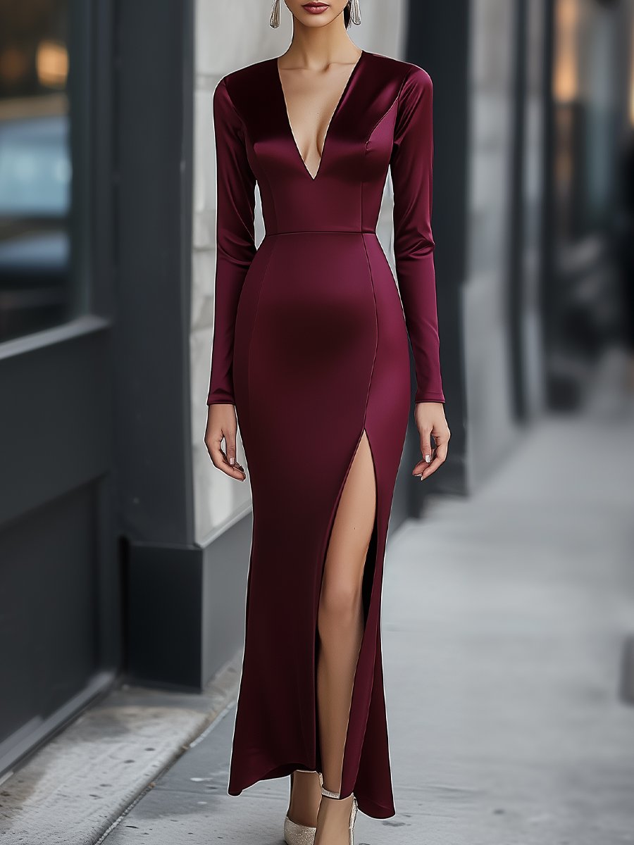 Elegant Long-Sleeve Burgundy Maxi Dress with Front Slit