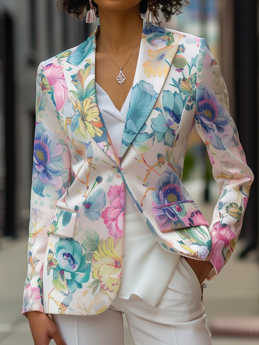 Pastel Satin Blazer Adorned with Colorful Floral Prints