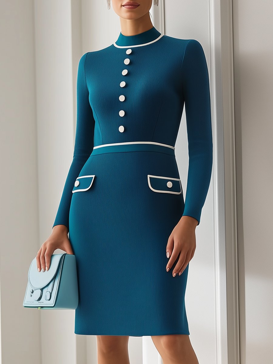 Elegant Teal Long-Sleeve Dress with White Trim