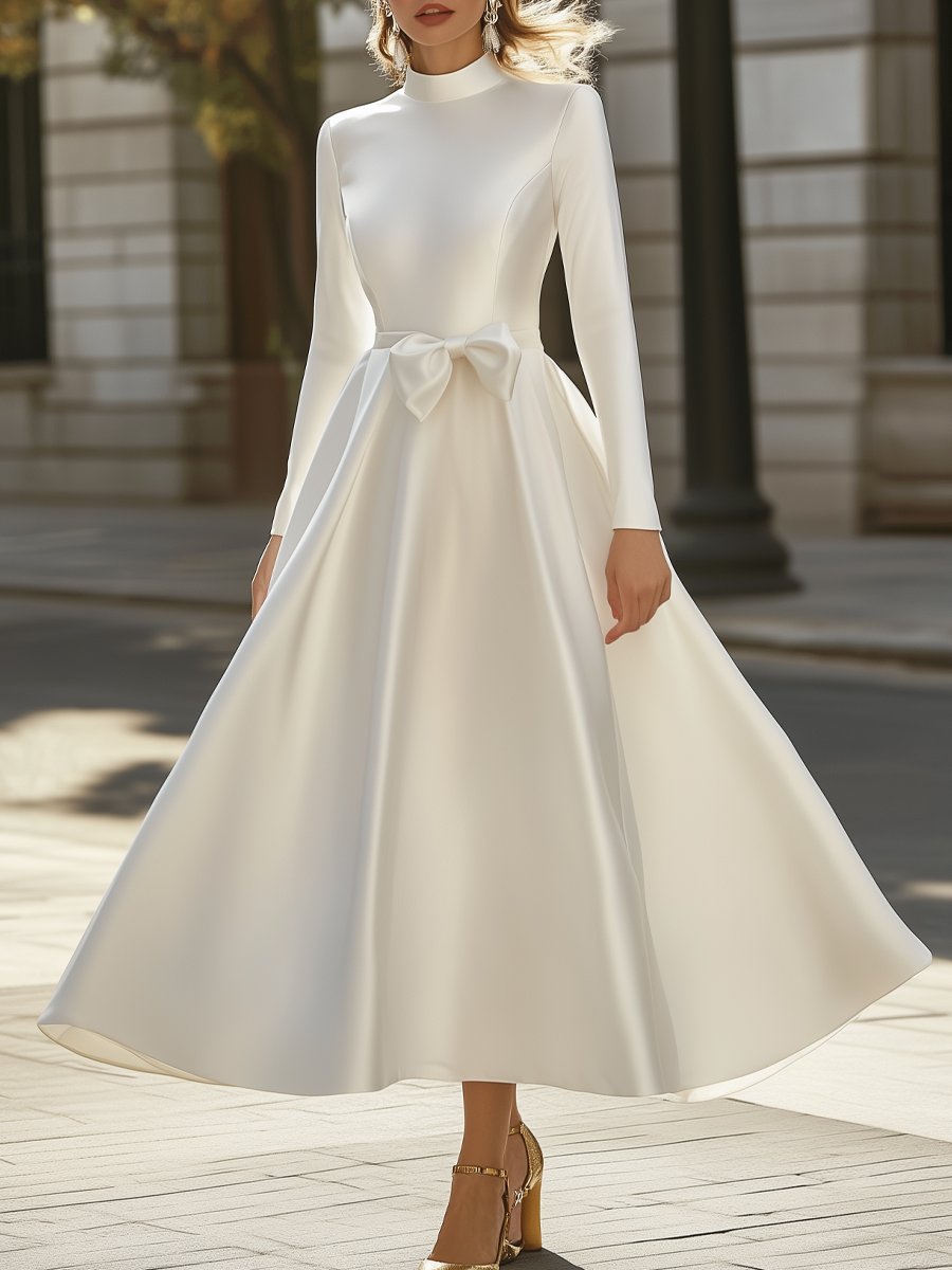 Timeless White Long-Sleeve Satin Dress with Waist Bow Detail