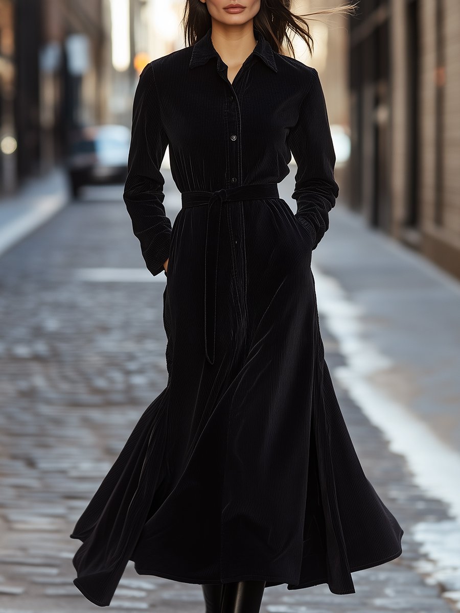 Sophisticated Black Corduroy Shirt Dress with Feminine Silhouette