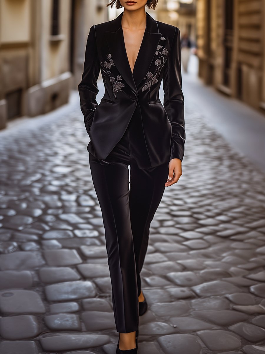 Black Velvet Blazer with Embroidered Floral Details