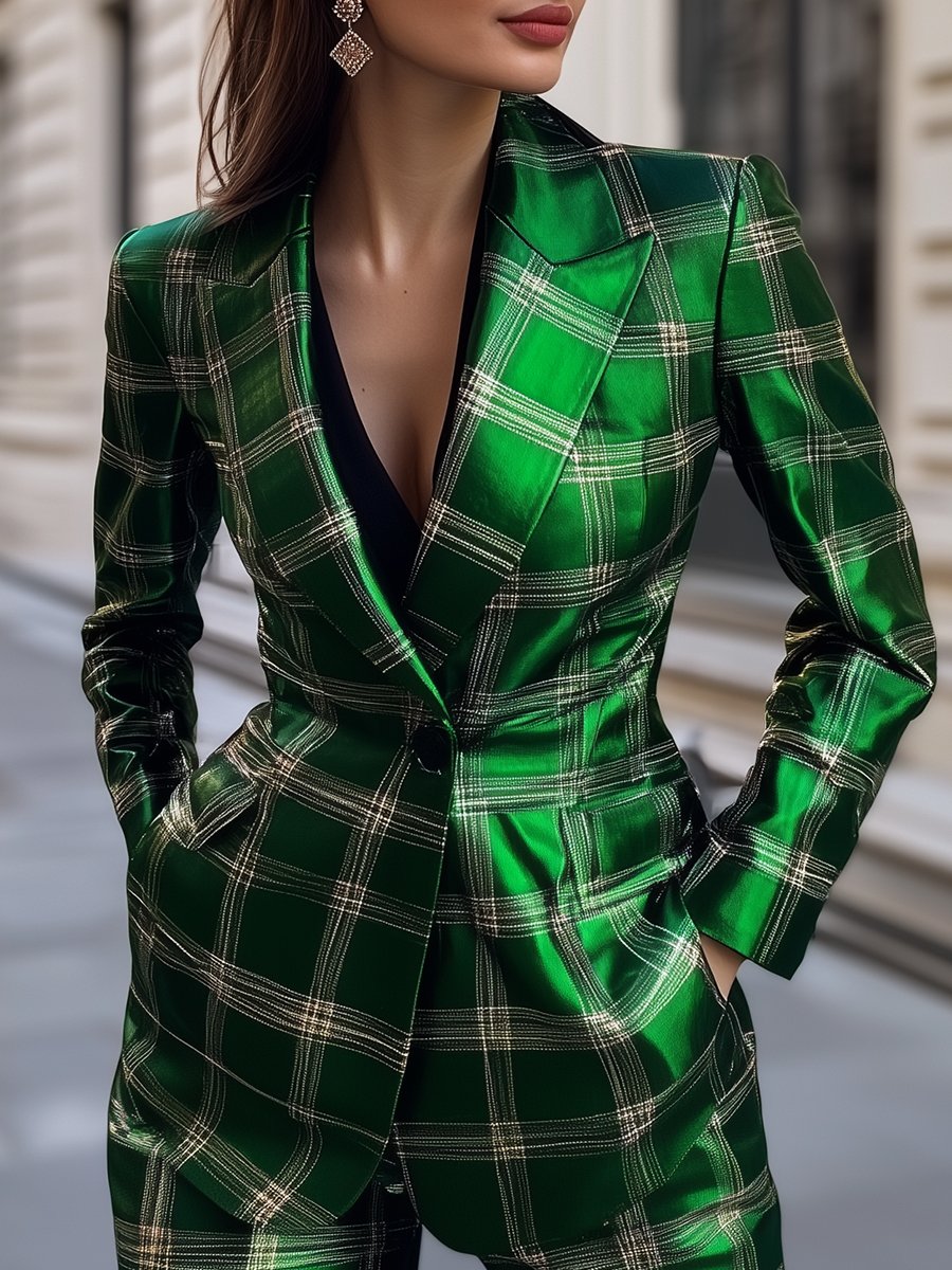 Elegant Festival Satin Blazer with Green Plaid Printed