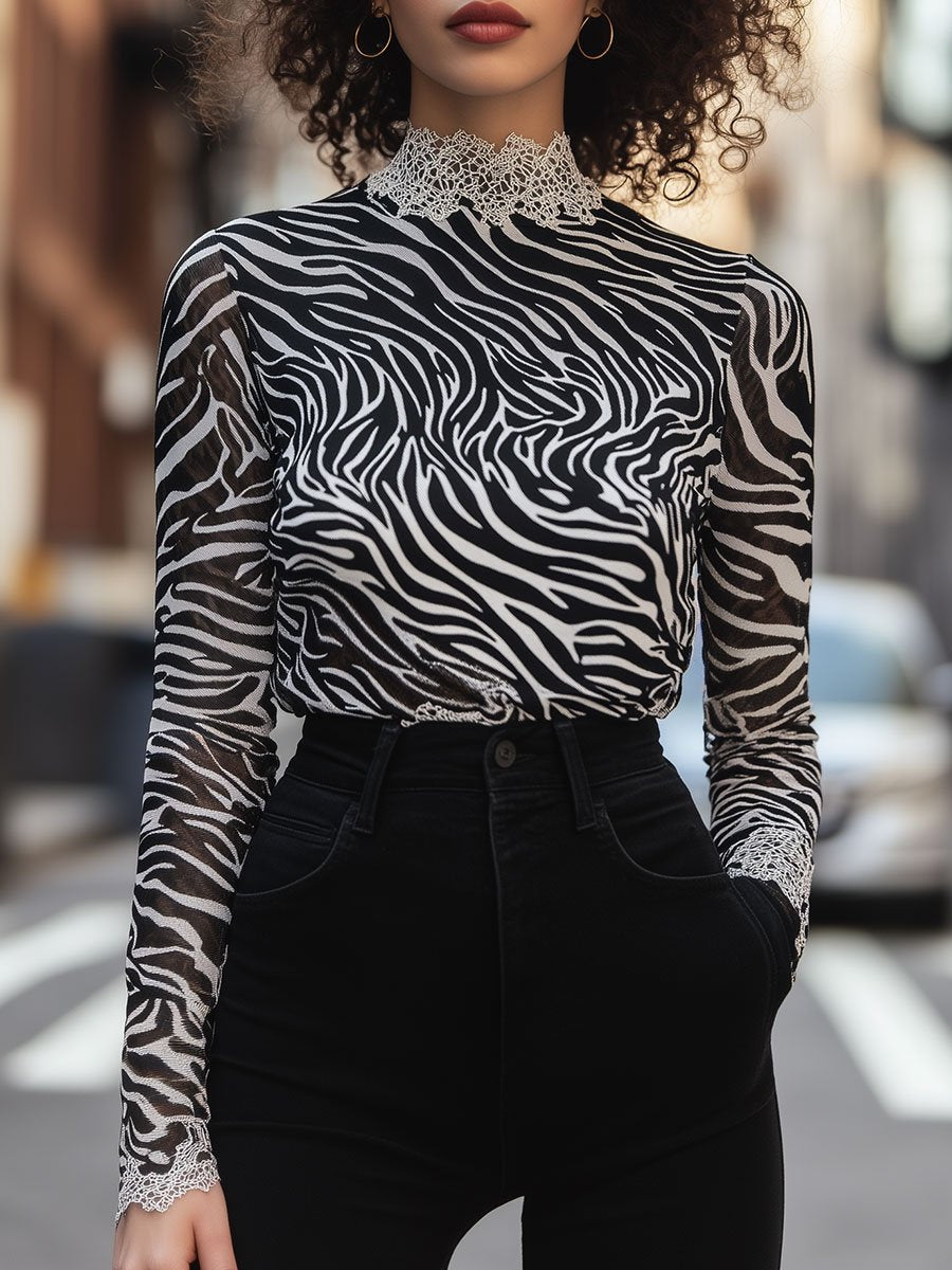 Bold Zebra Print Top with Delicate Trim