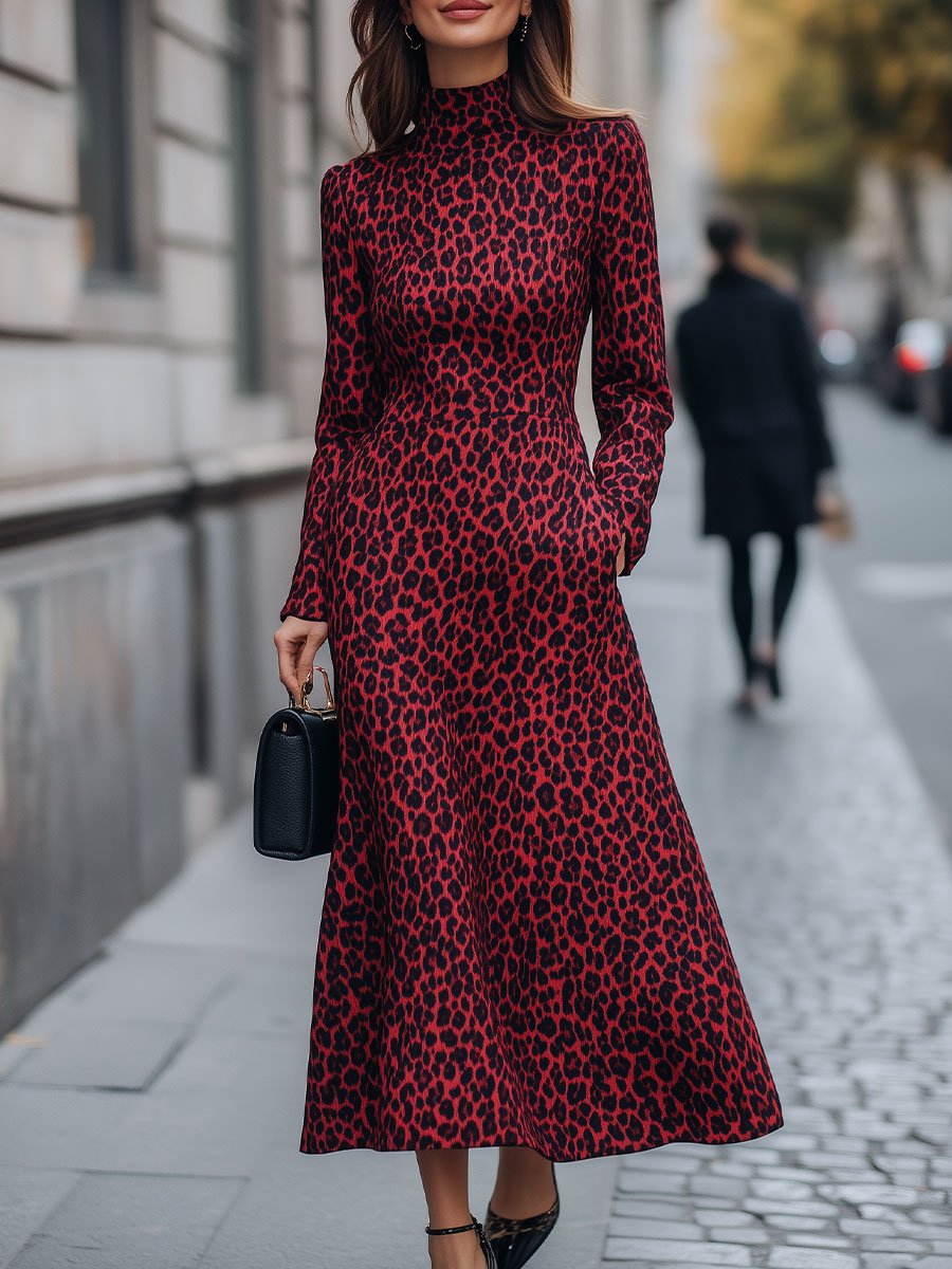 Chic Red Leopard Print Long Sleeve Dress