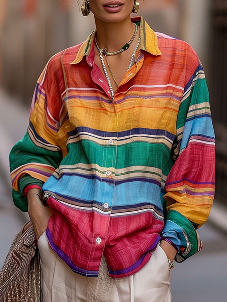 Chic Shirt Collar Rainbow Stripes Linen Blouse