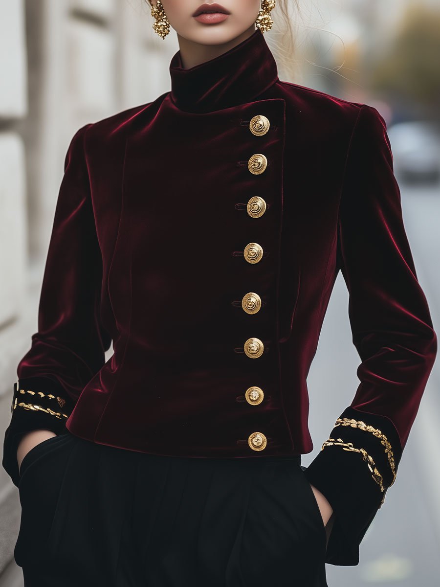 Burgundy Velvet Military-Inspired Jacket with Gold Buttons