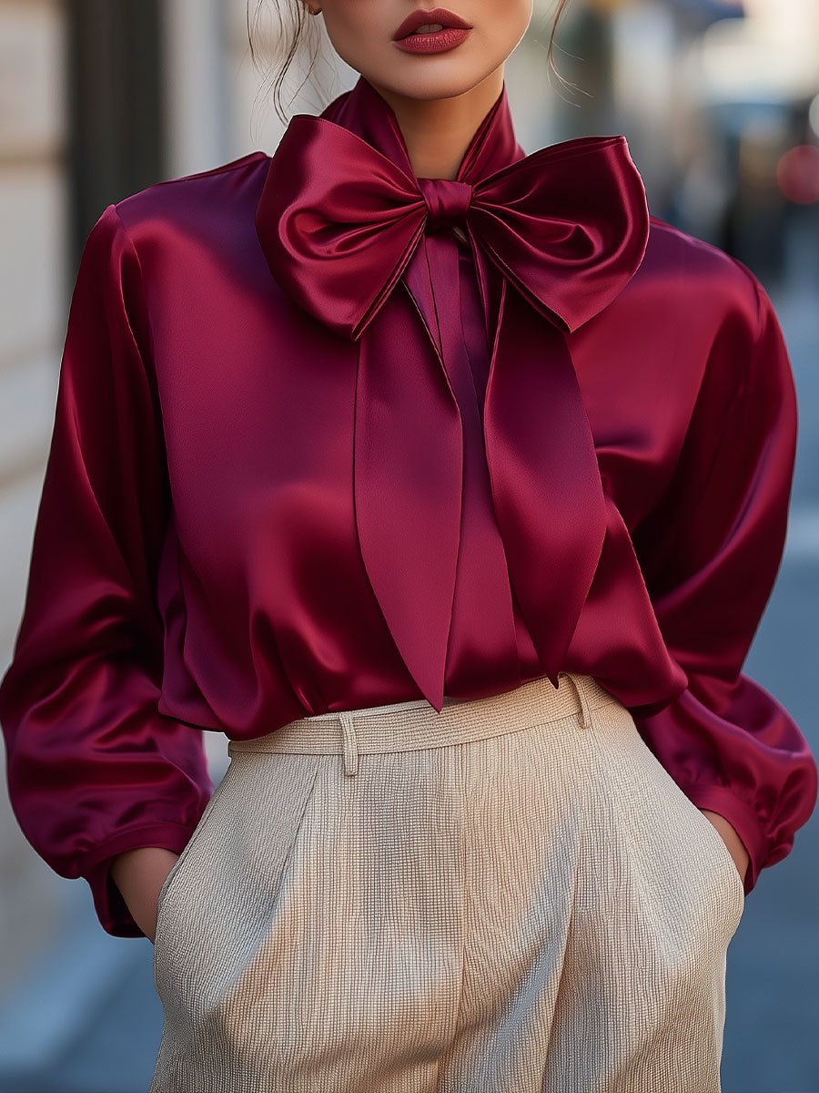 Statement Burgundy Satin Blouse with Oversized Bow