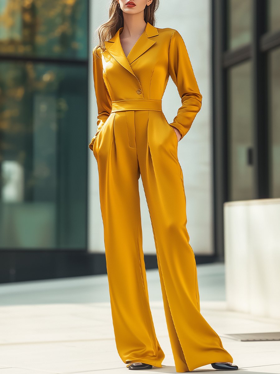 Bold Yellow Satin Jumpsuit with Tailored Blazer Top