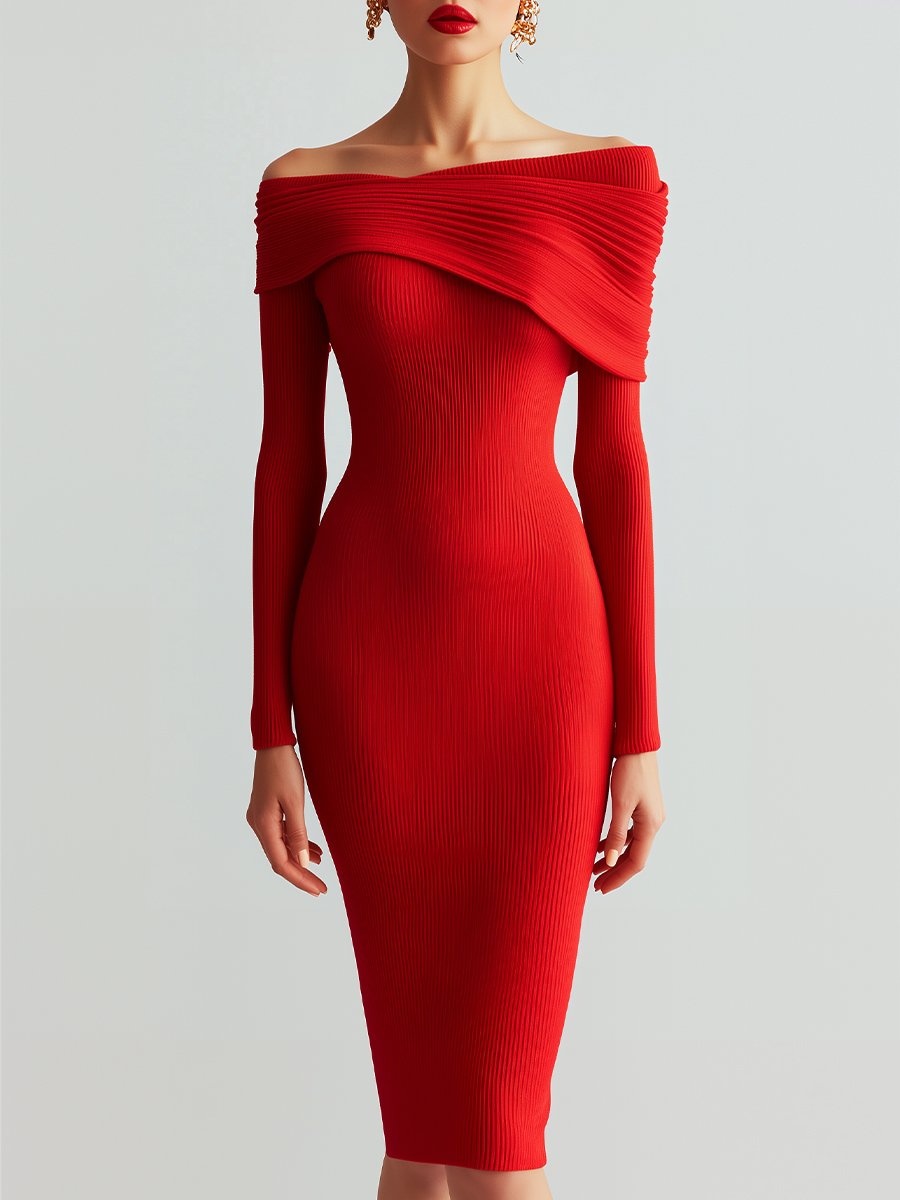 Scarlet Red Ribbed Off-Shoulder Midi Dress