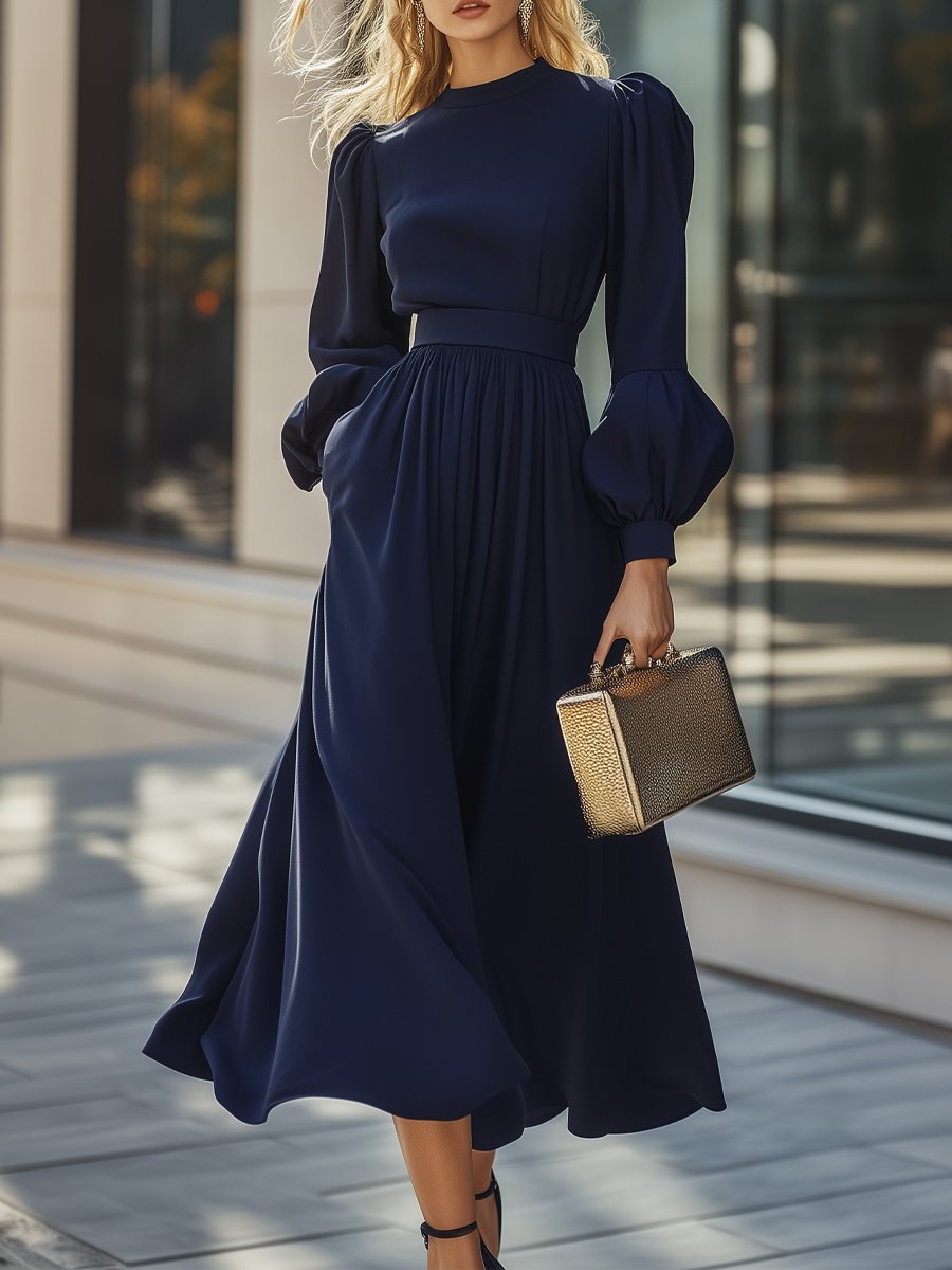 Elegant Navy Blue Puff-Sleeve Midi Dress with Fitted Waist