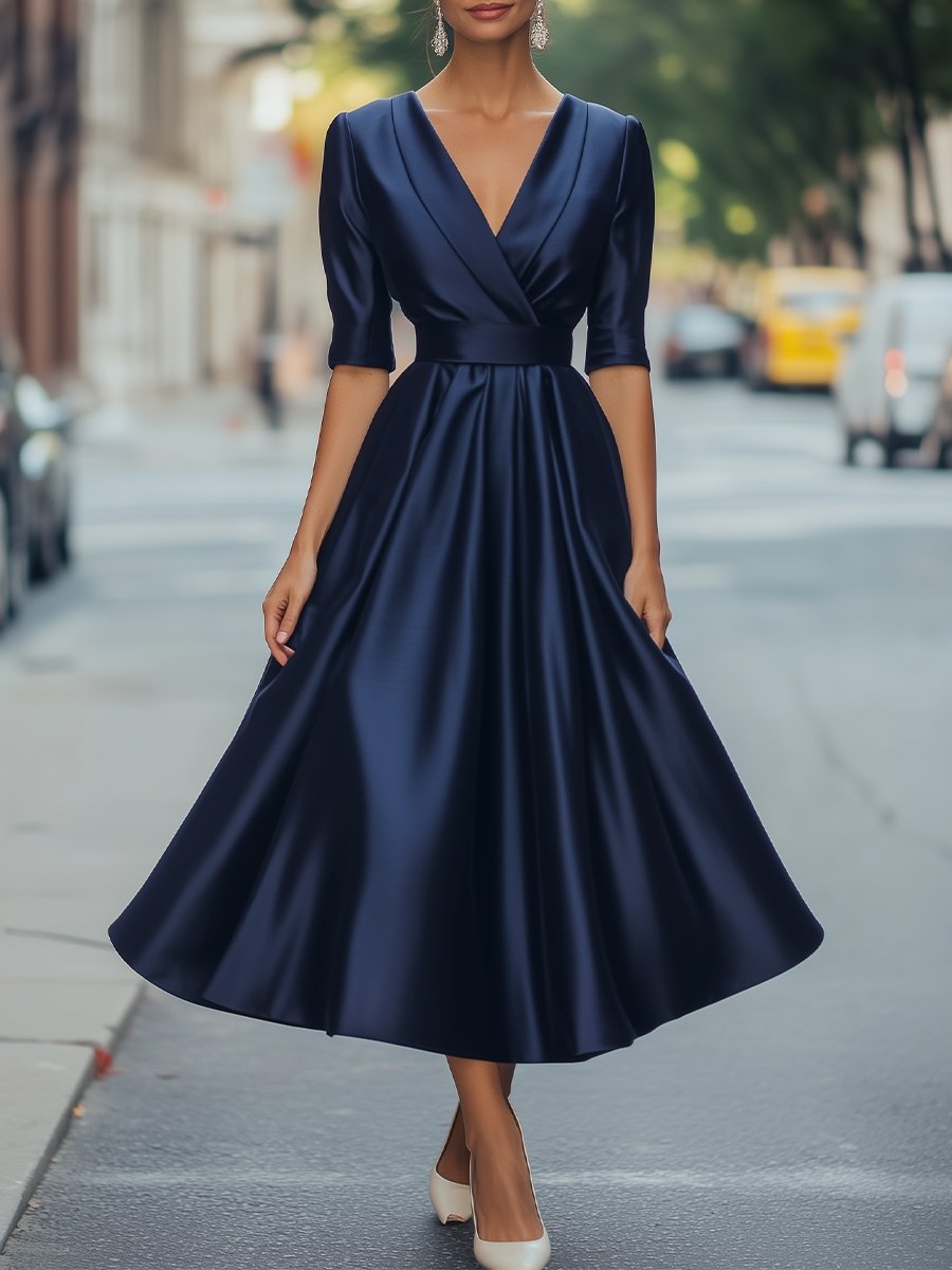 Navy Satin Wrap Midi Dress