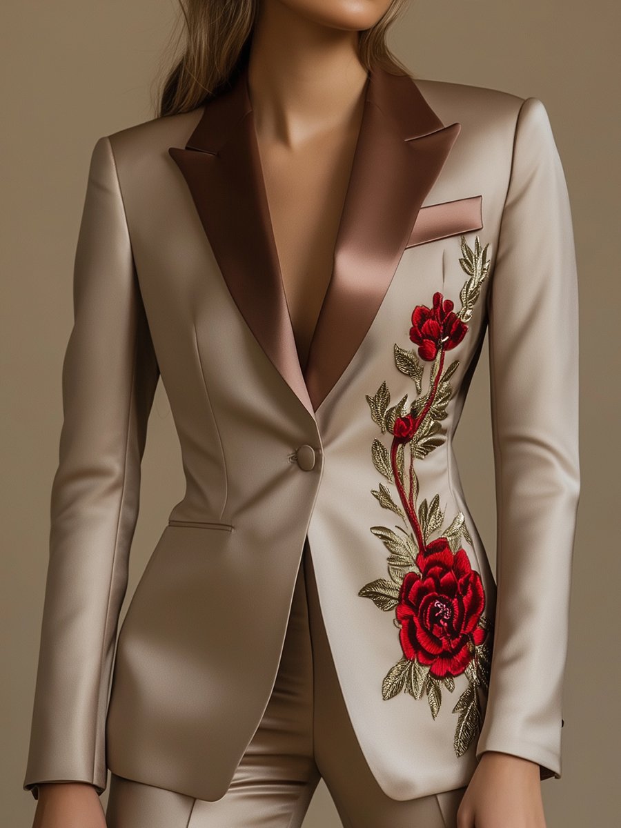 Sophisticated Champagne Satin Blazer with Red Rose Embroidery