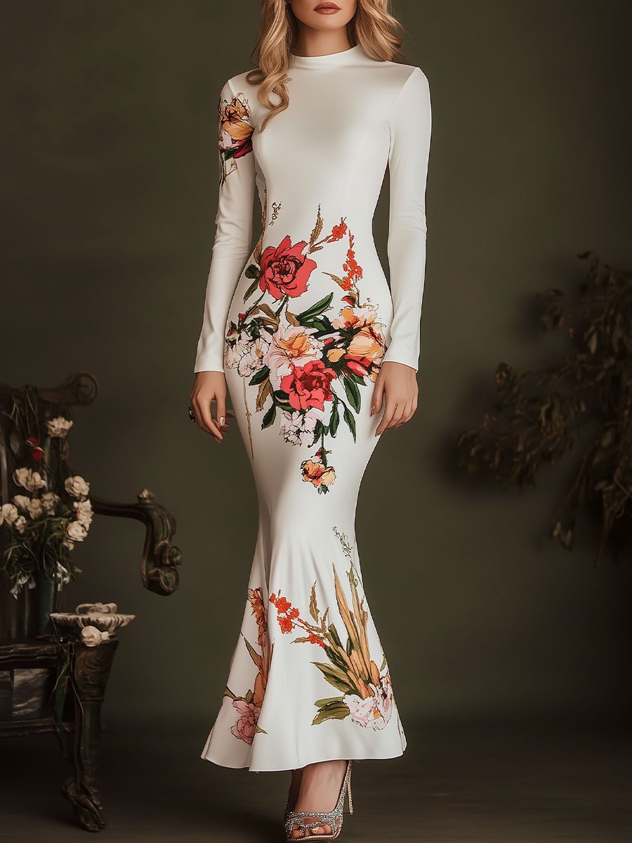 Elegant Floral Print Long Sleeve White Dress