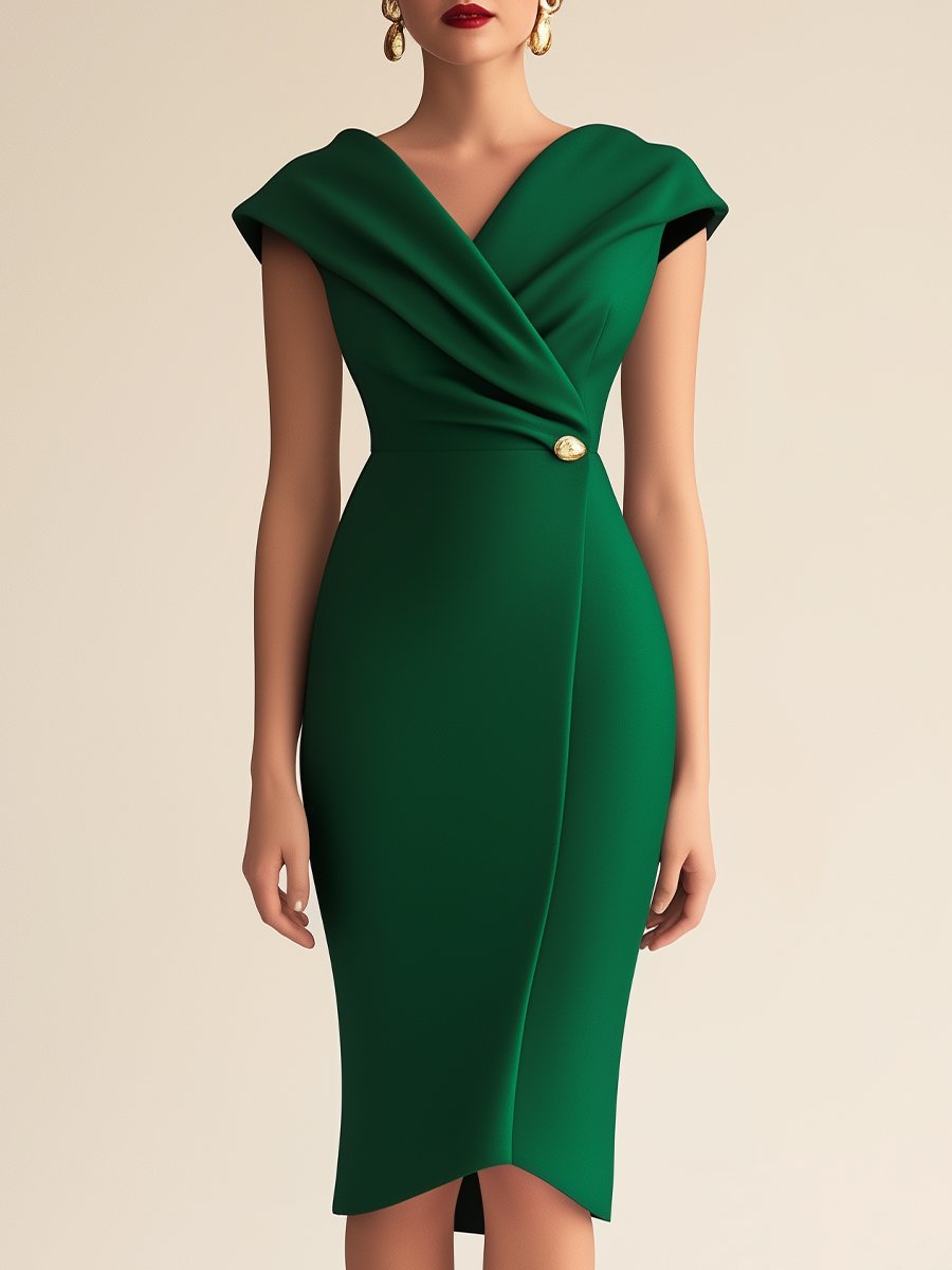 Classic Emerald Green Midi Dress with Gold Button Detail