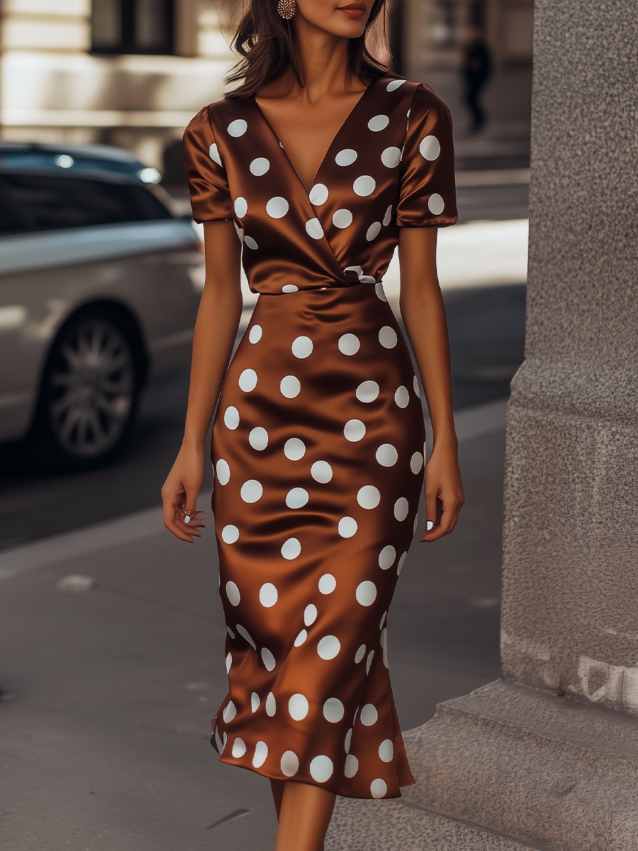 Polka Dot Satin Bodycon Midi Dress