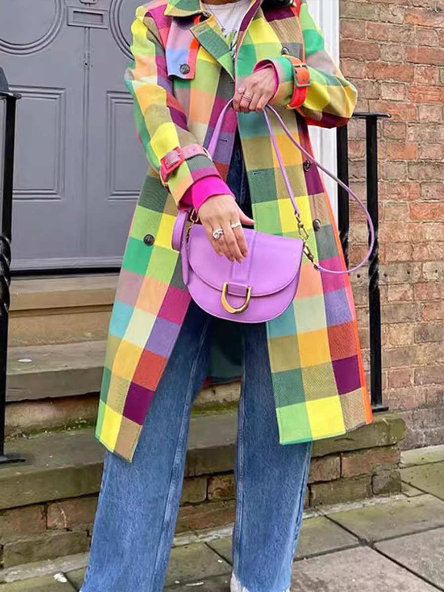 Stylish Colorful Lapel Plaid Coat