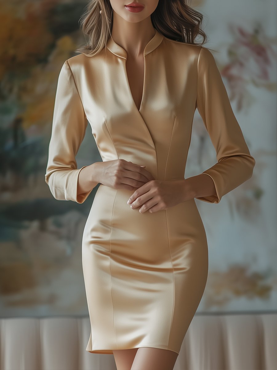 Golden Satin Wrap Dress with High Collar Elegance