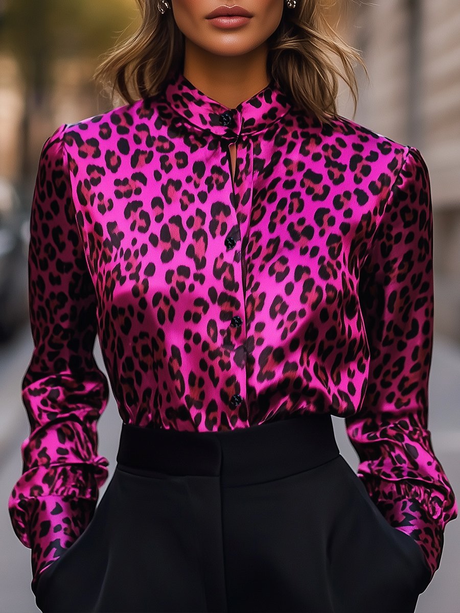 Bold Fuchsia Leopard Satin Blouse with Sophisticated High Collar