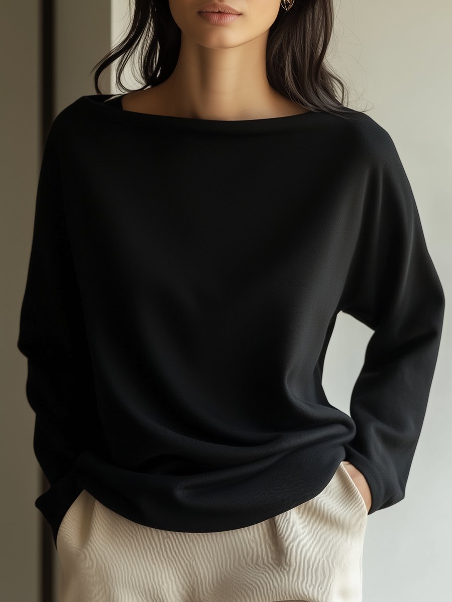 Solid Black Minimalist Boat Neck Blouse