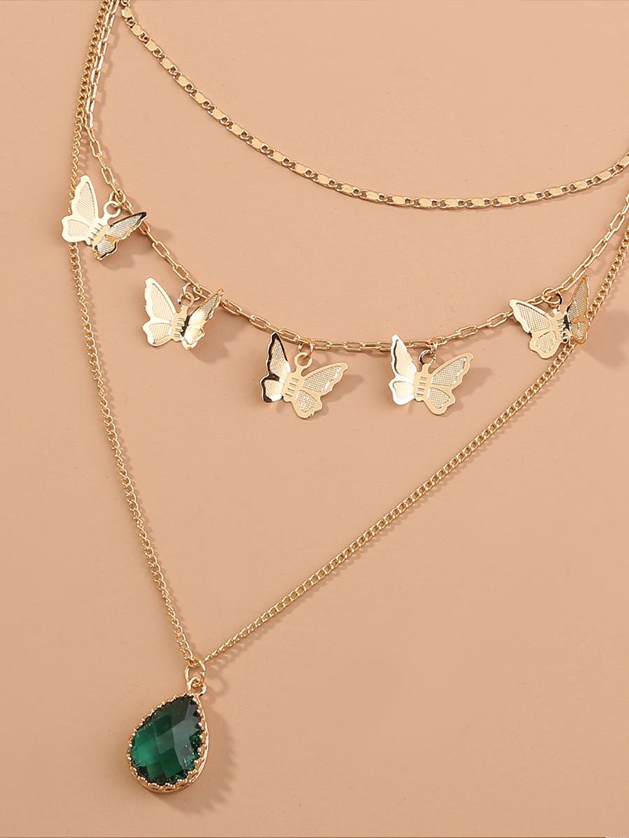 Layered Gold Butterfly Necklace with Green Gemstone Pendant