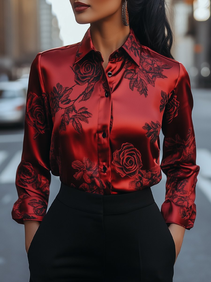 Elegant Red Satin Blouse with Floral Detailing