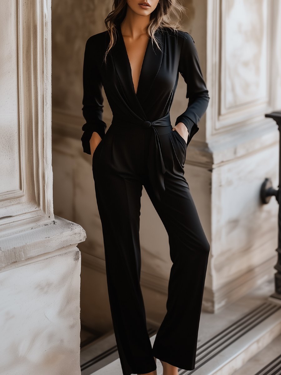 Chic Black Wrap Jumpsuit with Deep V-neck and Tie Waist