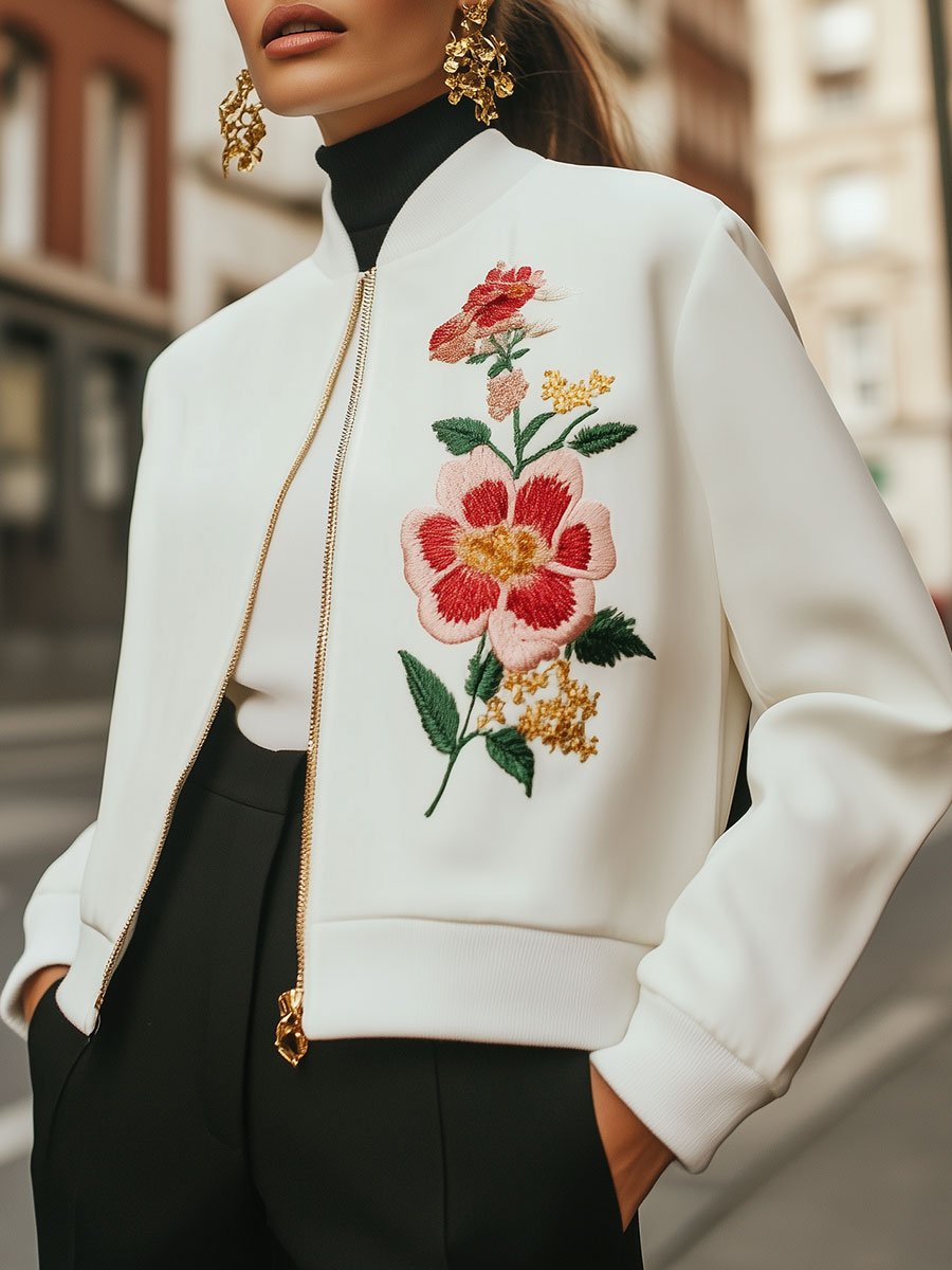 Elegant Embroidered Jacket with Gold Zipper Detail