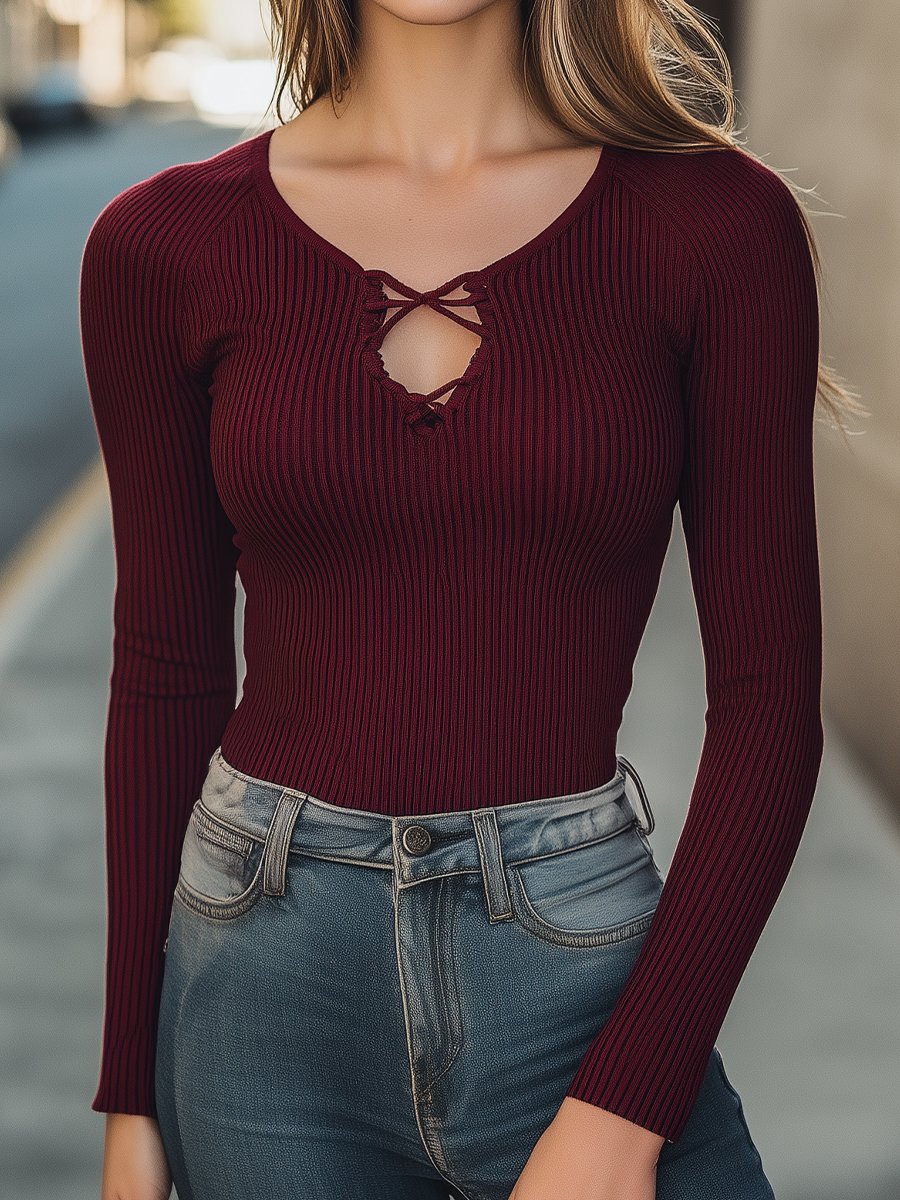 Deep Burgundy Criss-Cross Front Knit Blouse